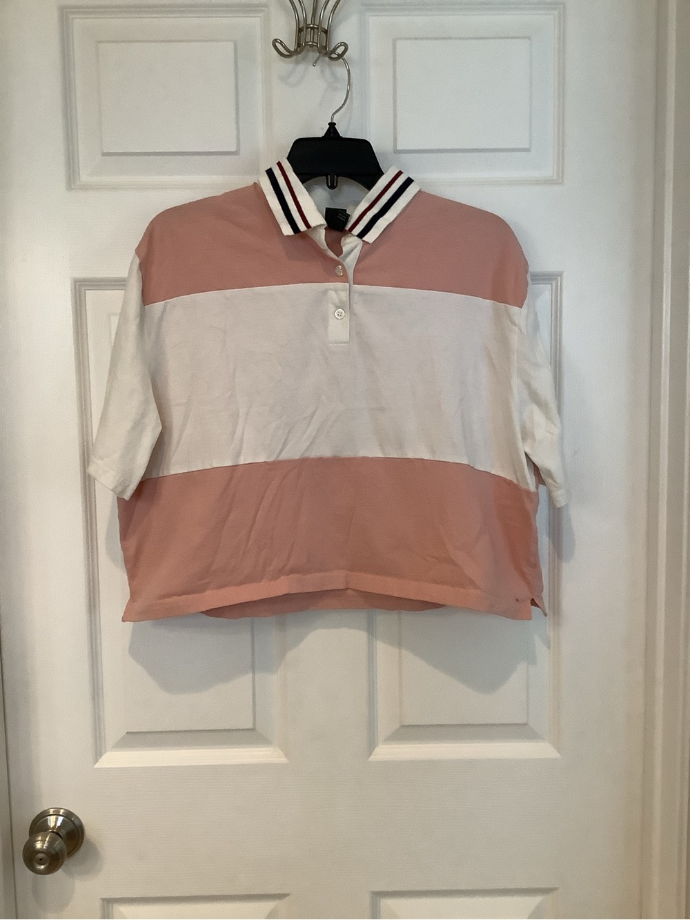 Wild Fable White Cropped Polo with Blush Pink Panels and Striped Collar